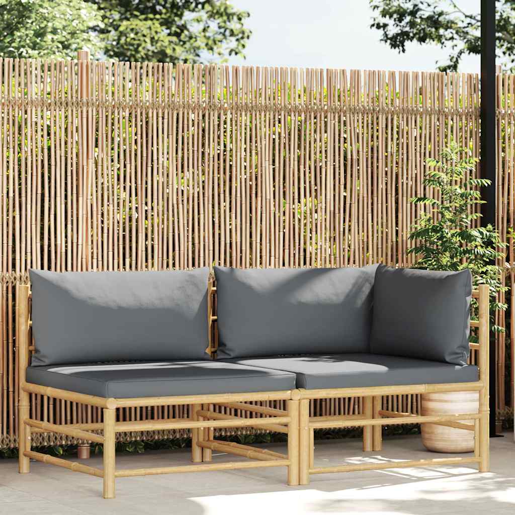 Set Divani da Giardino 2 pz con Cuscini Grigio Scuro in Bambù