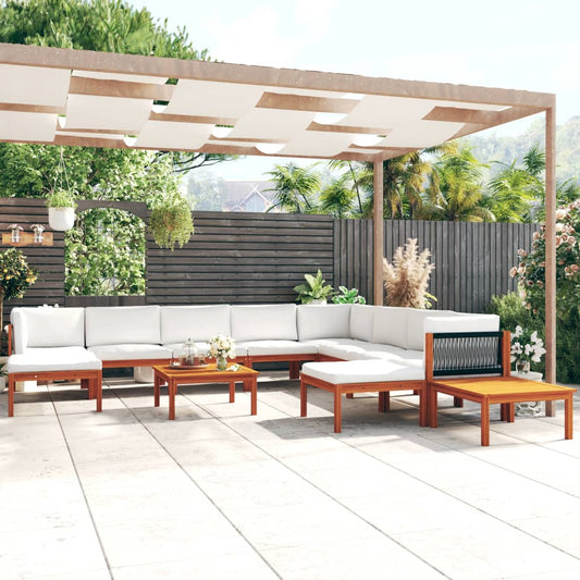Set da giardino 12 pezzi con cuscini in legno crema, acacia e corda - homemem39