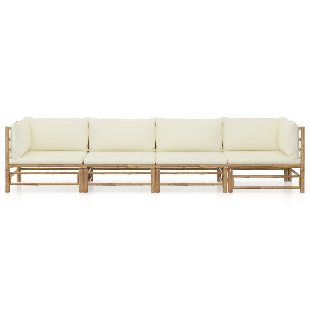 Set Divani da Giardino 4 pz con Cuscini Bianco Crema in Bambù