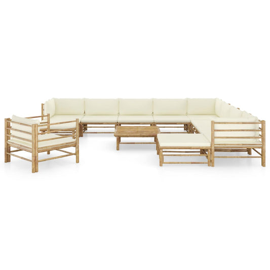 Set Salotto da Giardino 12pz con Cuscini Bianco Crema in Bambù | homemem39