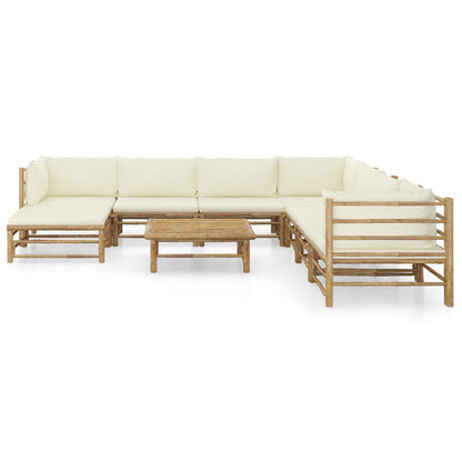 Set Salotto da Giardino 9pz con Cuscini Bianco Crema in Bambù