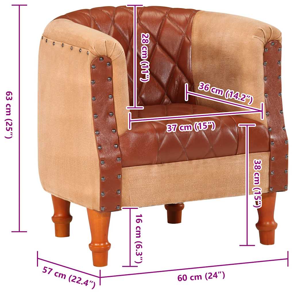 Poltrona a Pozzetto Marrone Vera Pelle e Legno Massello Mango - homemem39