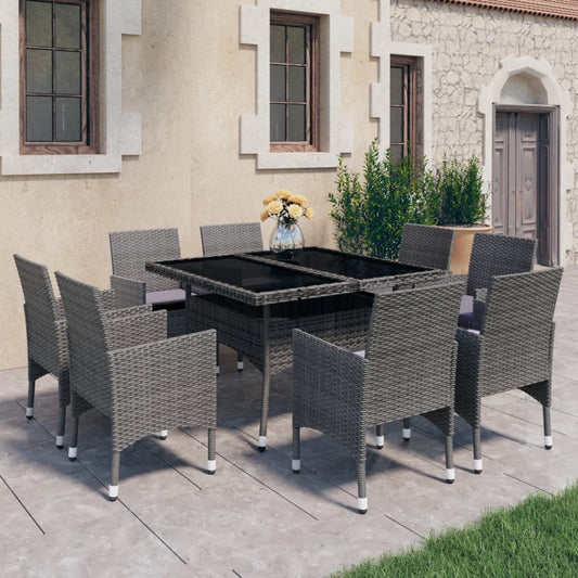 Set Mobili da Pranzo per Giardino 9pz Polyrattan e Vetro Grigio - homemem39