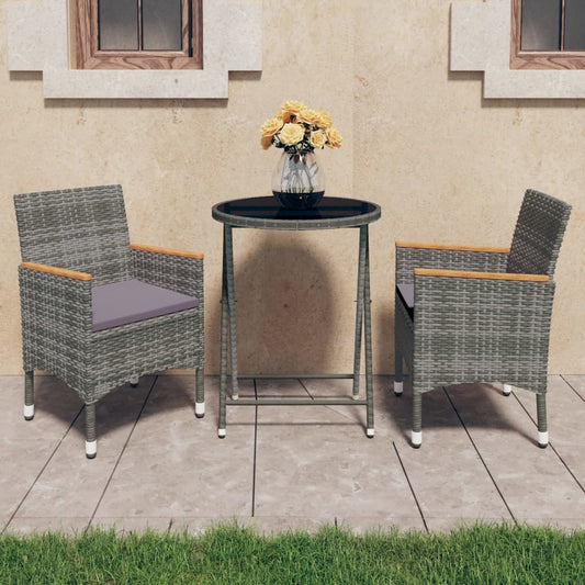 Set Bistrot Giardino 3 pz Polyrattan e Vetro Temperato Grigio - homemem39