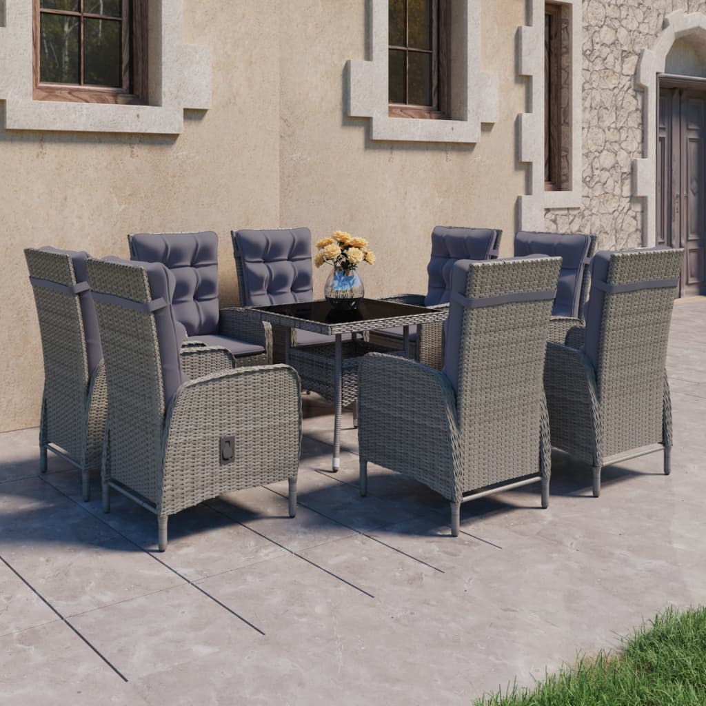 Set da Pranzo per Giardino 9 pz in Polyrattan e Vetro Grigio - homemem39