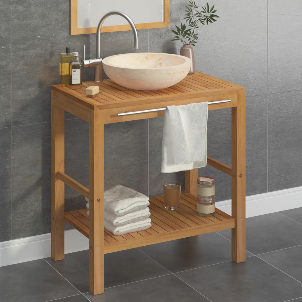 Armadietto da Bagno in Legno di Teak con Lavabo in Marmo Crema | homemem39
