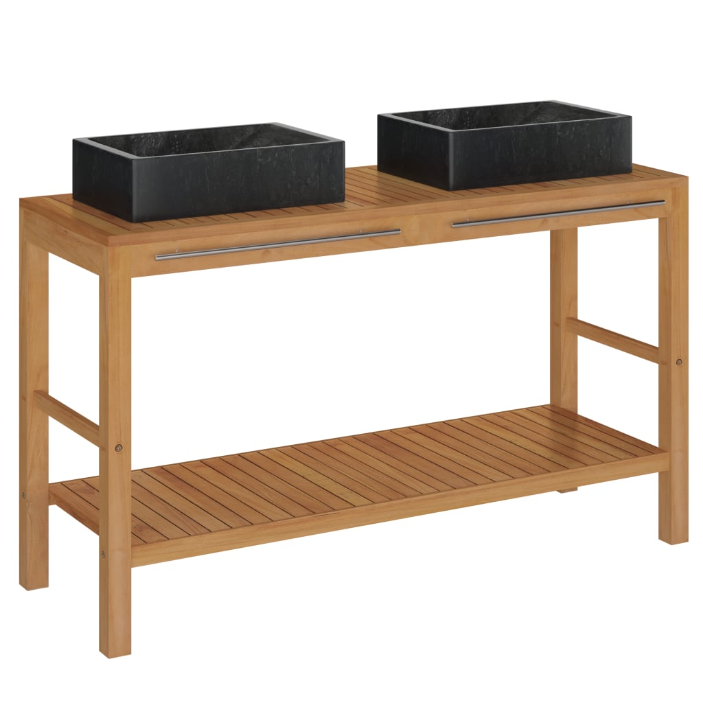 Armadietto da Bagno in Legno di Teak con Lavabi in Marmo Nero - homemem39