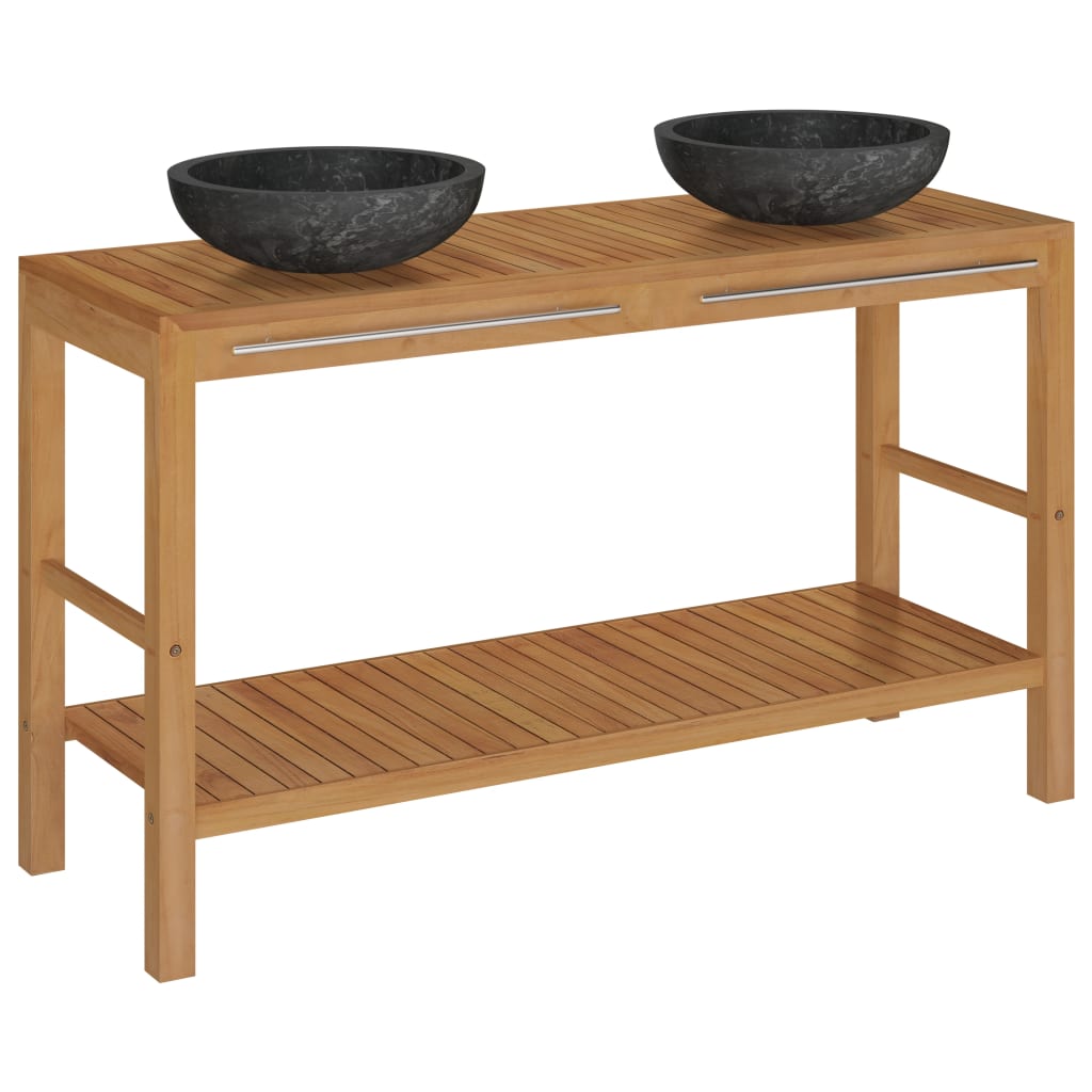 Armadietto da Bagno in Legno di Teak con Lavabi in Marmo Nero - homemem39