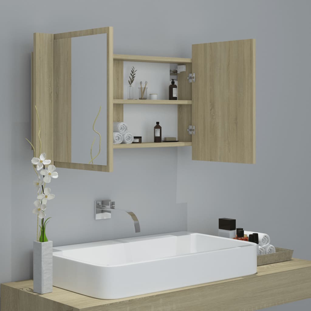 Armadietto a Specchio con Luci LED Rovere Sonoma in Acrilico | homemem39
