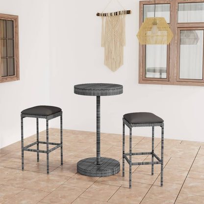 3 pc Garden Bar Set with Gray Polyrattan Cushions