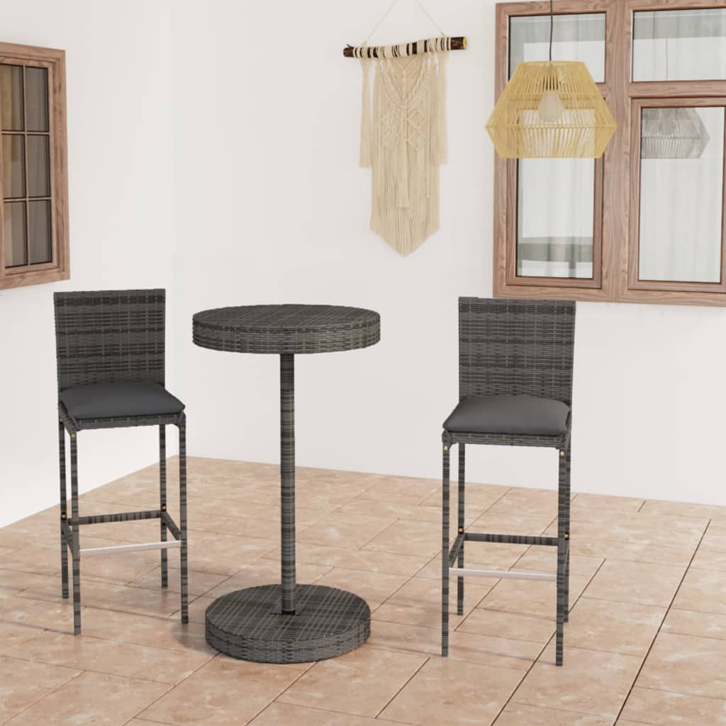 Set Bar da Giardino 3 pz con Cuscini in Polyrattan Grigio - homemem39