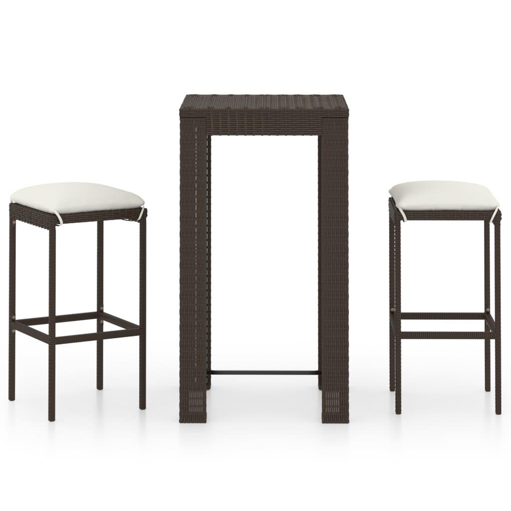 3 pc Garden Bar Set with Brown Polyrattan Cushions