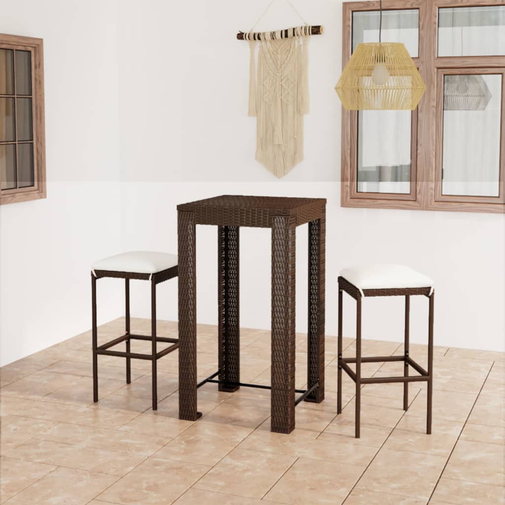 3 pc Garden Bar Set with Brown Polyrattan Cushions