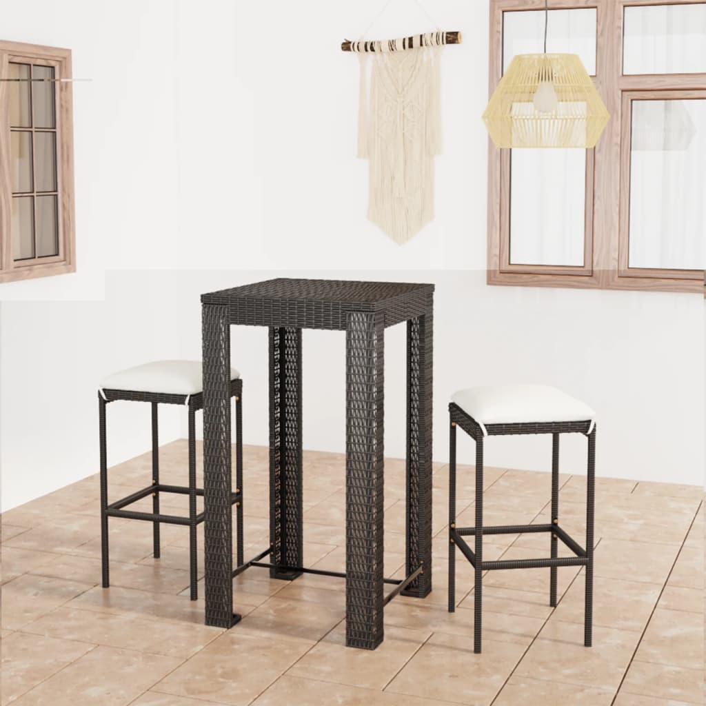 Set Bar da Giardino 3 pz con Cuscini Polyrattan Nero | homemem39
