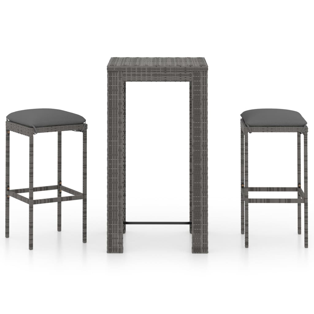 3 pc Garden Bar Set with Gray Polyrattan Cushions