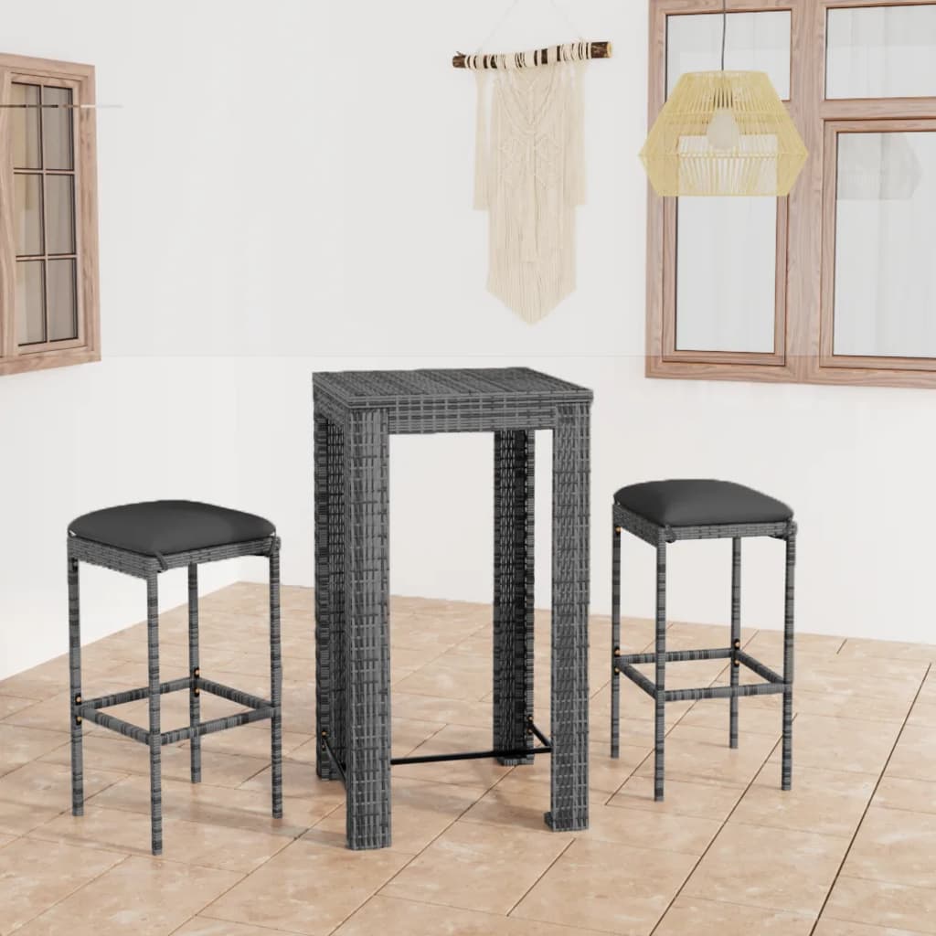 3 pc Garden Bar Set with Gray Polyrattan Cushions