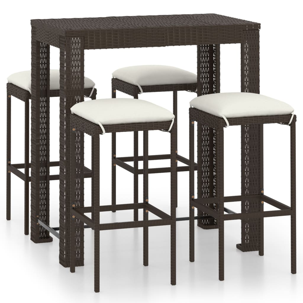 5 pc Garden Bar Set with Brown Polyrattan Cushions