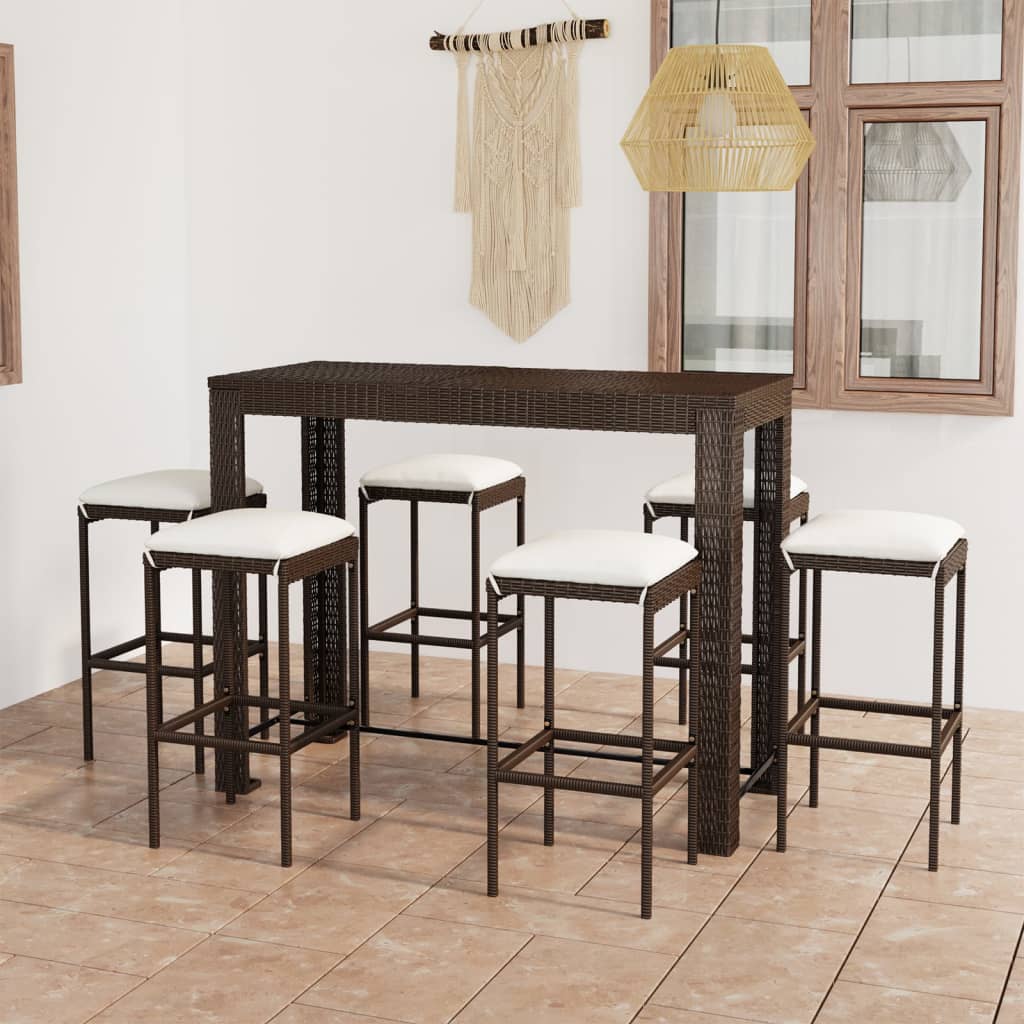 Set da Bar da Giardino 7 pz con Cuscini in Polyrattan Marrone - homemem39