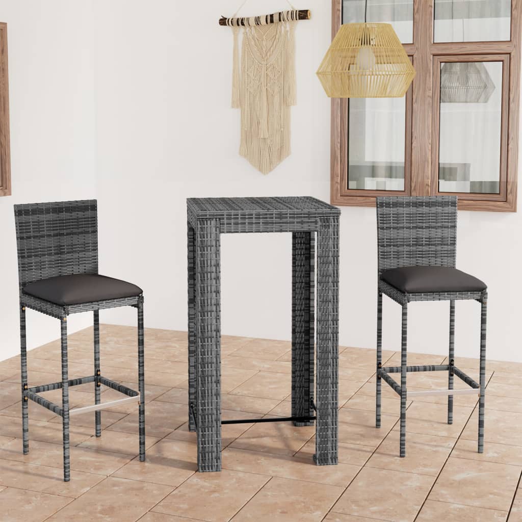 Set Bar da Giardino 3 pz con Cuscini in Polyrattan Grigio - homemem39