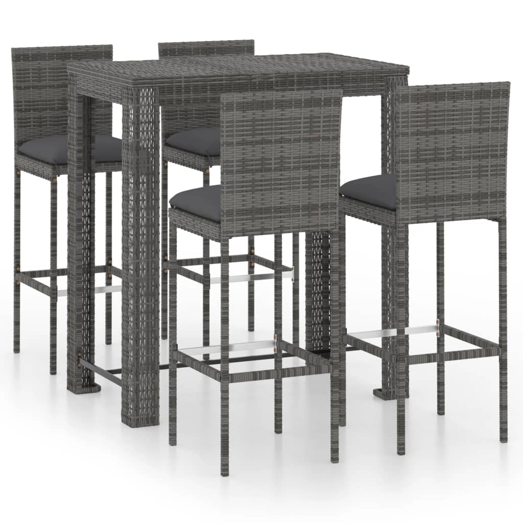 5 pc Garden Bar Set with Gray Polyrattan Cushions