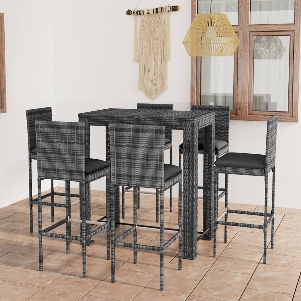 Set Bar da Giardino 7 pz con Cuscini in Polyrattan Grigio - homemem39