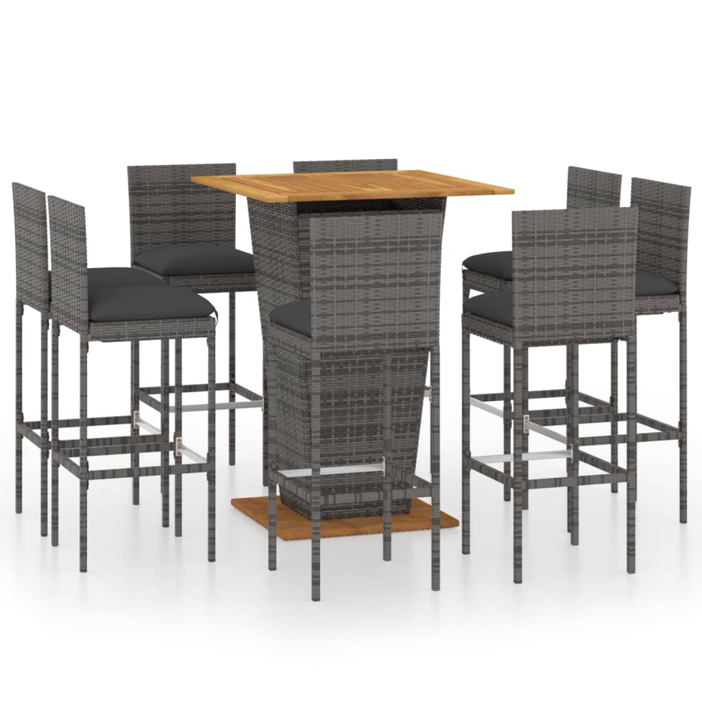 Set da Bar per Giardino 9 pz con Cuscini in Polyrattan Grigio - homemem39