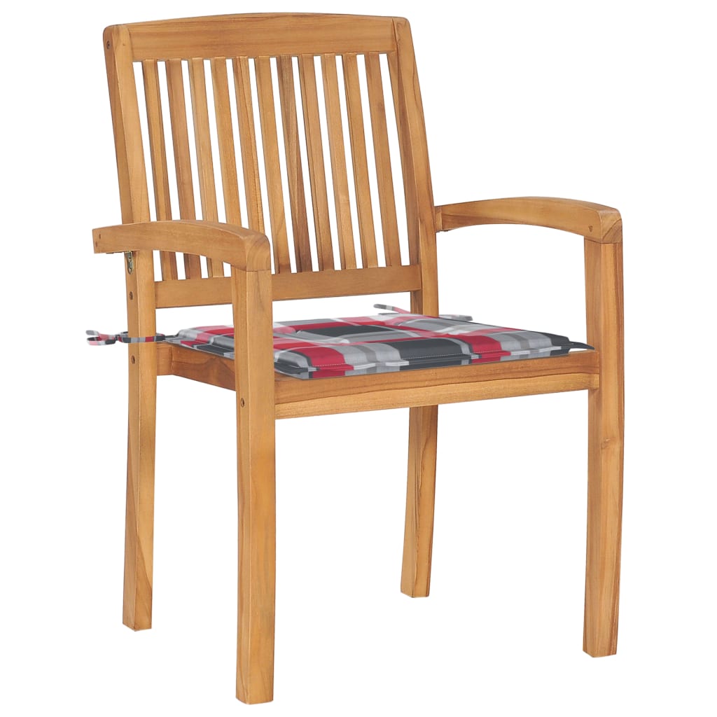 Sedie Giardino 2 pz con Cuscino Rosso a Quadri Massello di Teak - homemem39