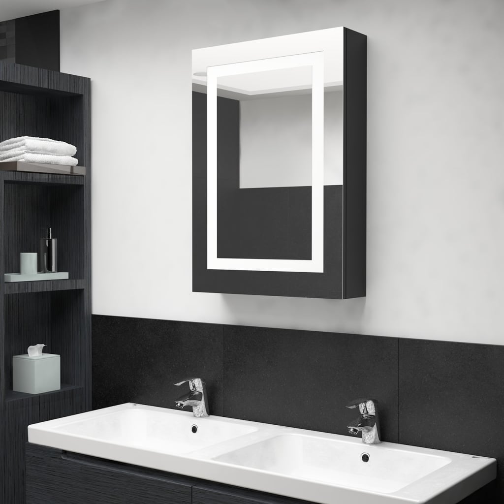 Armadietto Bagno con Specchio e LED Nero Lucido 50x13x70 cm | homemem39