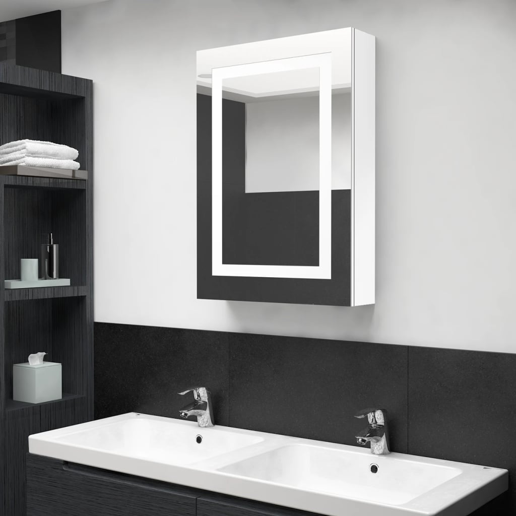 Armadietto Bagno con Specchio e LED Bianco Lucido 50x13x70 cm | homemem39