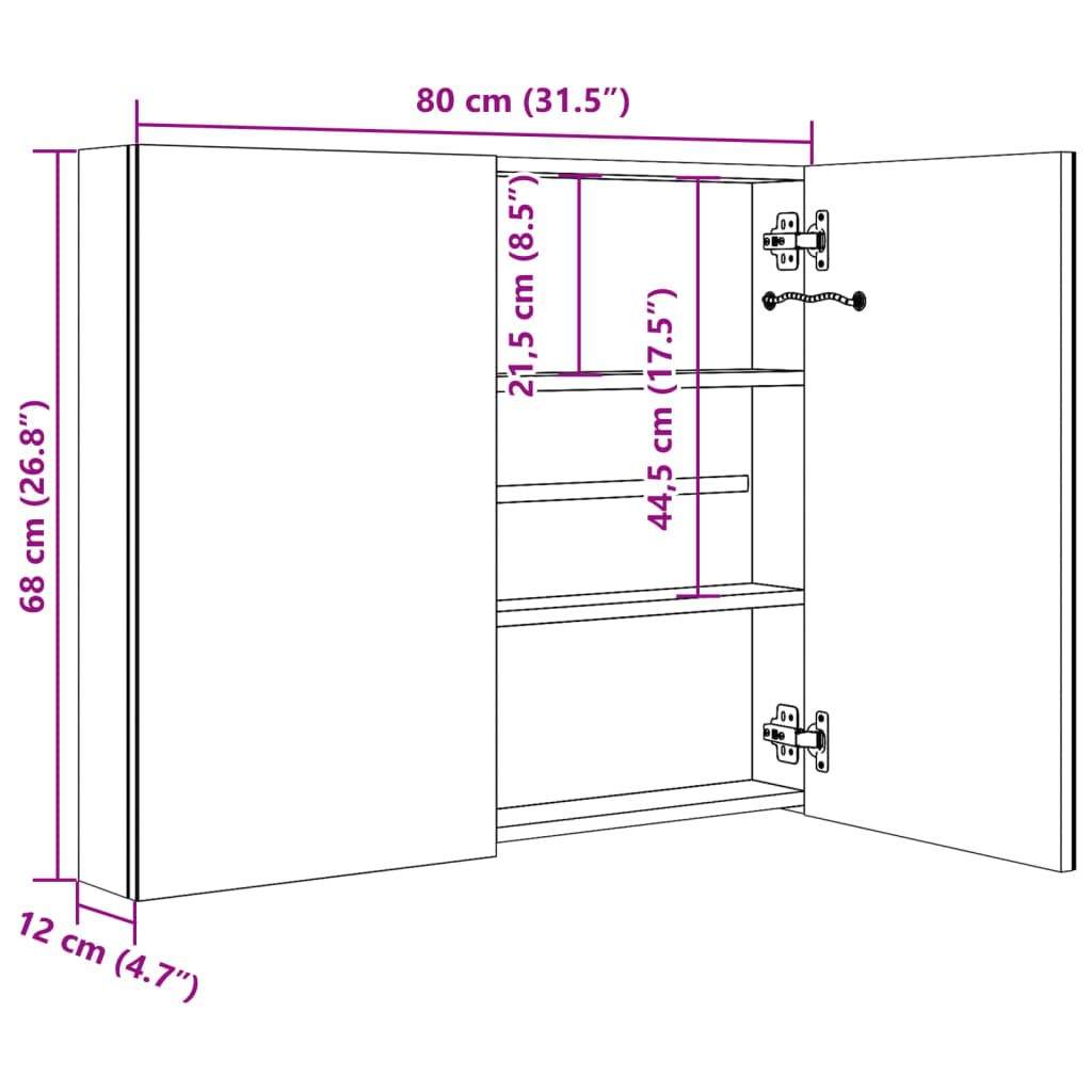 Armadietto Bagno con Specchio e LED Grigio Cemento 80x12x68 cm | homemem39