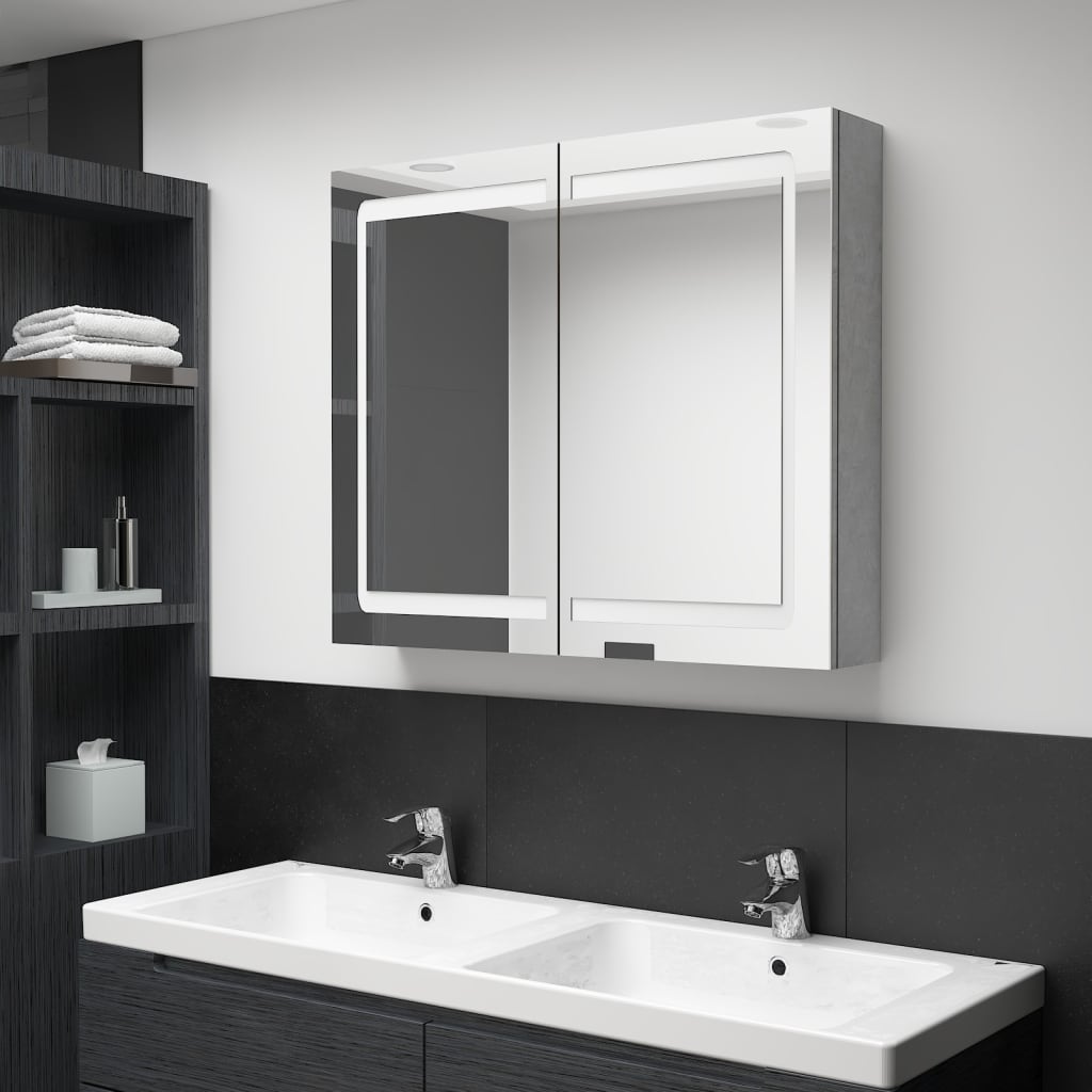 Armadietto Bagno con Specchio e LED Grigio Cemento 80x12x68 cm | homemem39