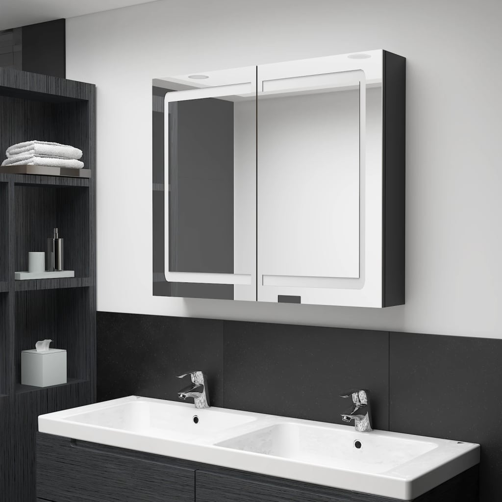 Armadietto Bagno con Specchio e LED Nero Lucido 80x12x68 cm | homemem39