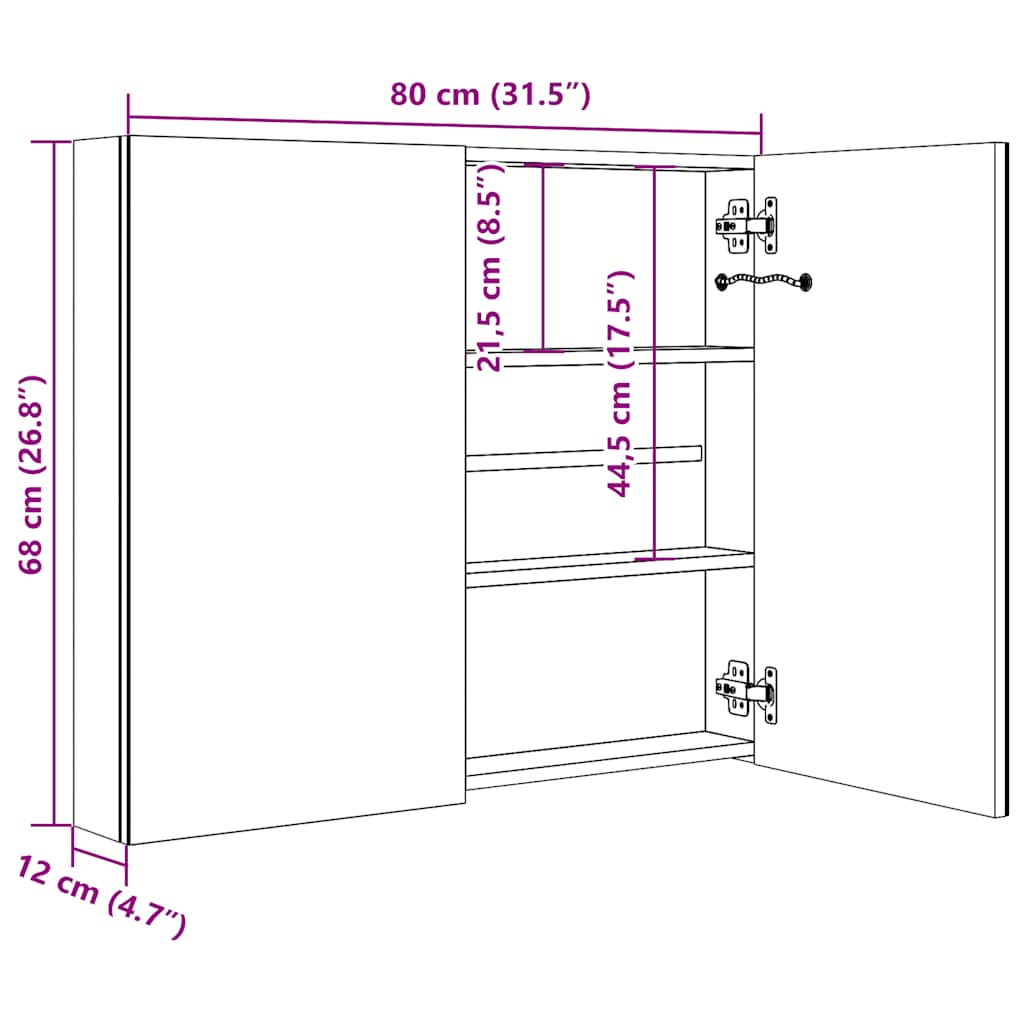 Armadietto Bagno con Specchio e LED Bianco e Rovere 80x12x68 cm | homemem39
