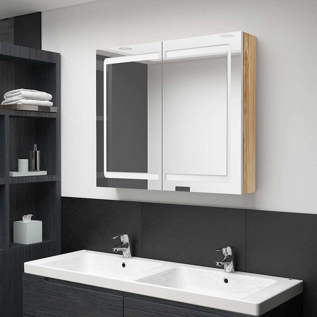 Armadietto Bagno con Specchio e LED Bianco e Rovere 80x12x68 cm | homemem39