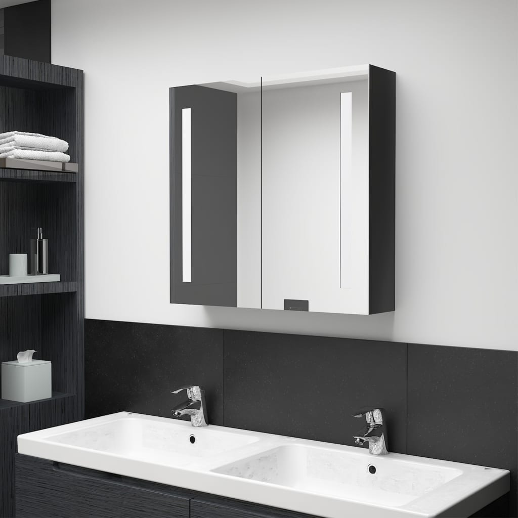 Armadietto Bagno con Specchio e LED Nero Lucido 62x14x60 cm | homemem39