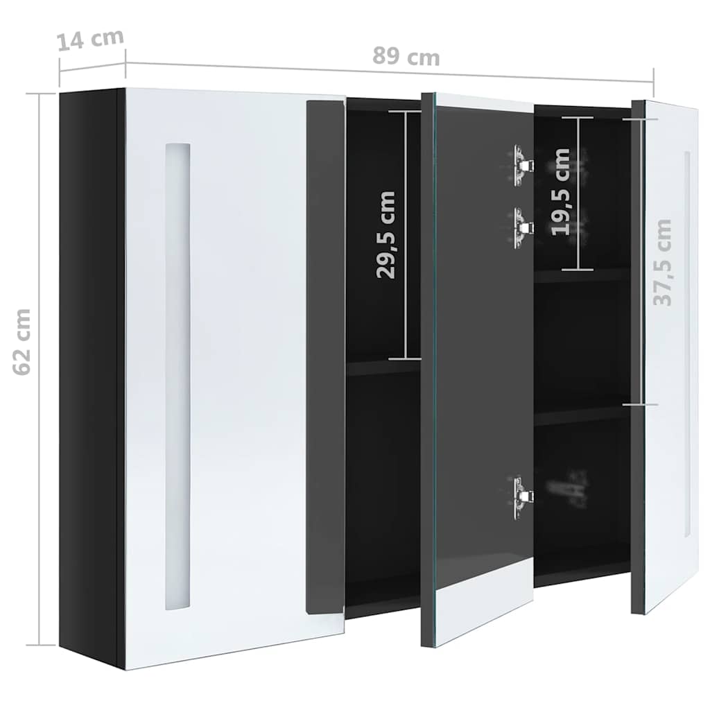 Armadietto Bagno con Specchio e LED Nero Lucido 89x14x62 cm | homemem39