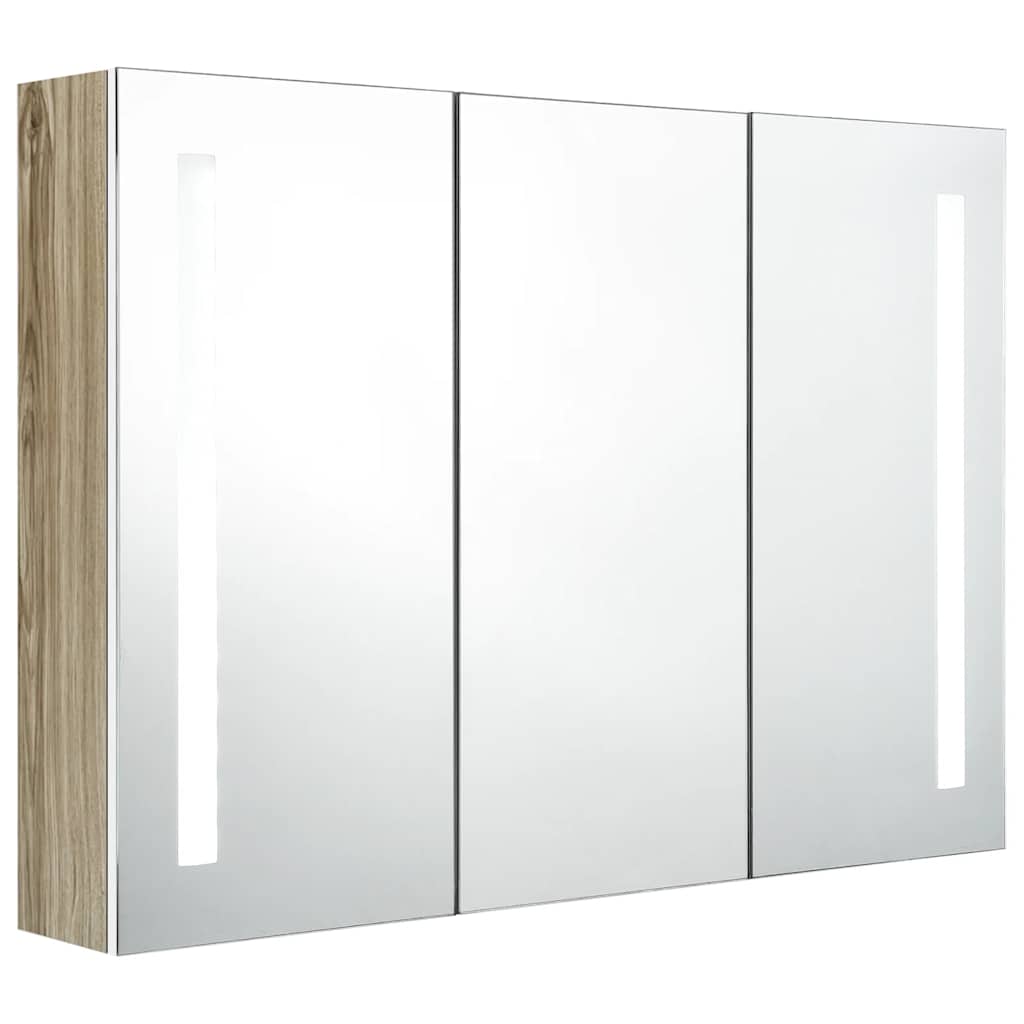 Armadietto Bagno con Specchio e LED 89x14x62 cm Bianco e Rovere | homemem39