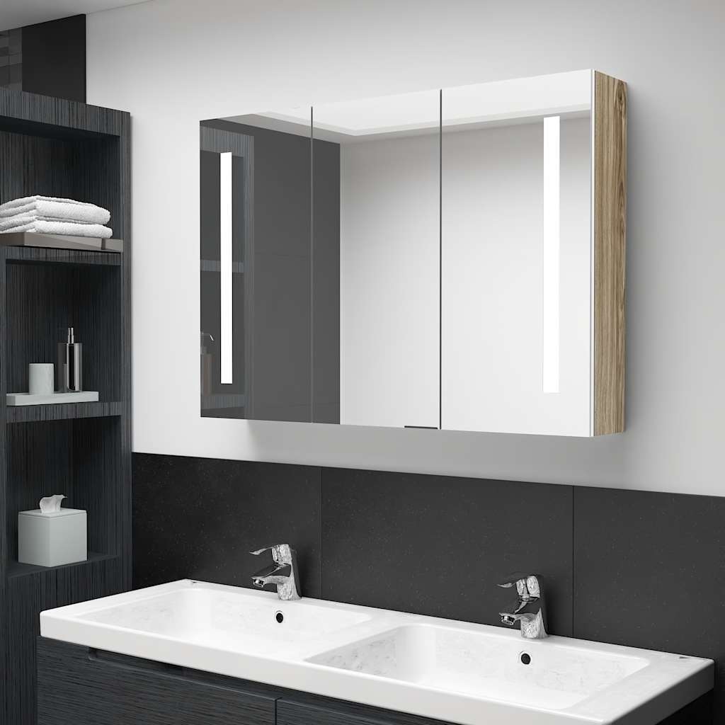 Armadietto Bagno con Specchio e LED 89x14x62 cm Bianco e Rovere | homemem39