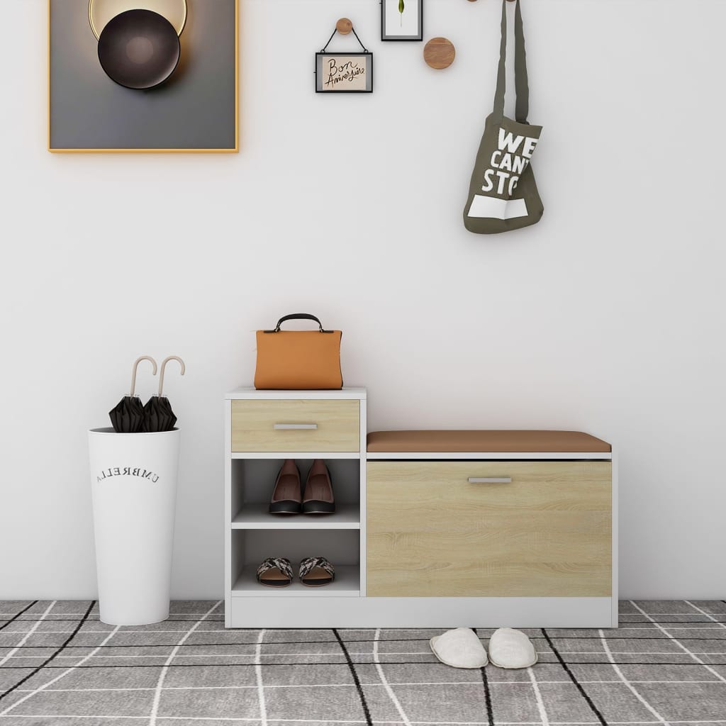 Panca Porta Scarpe Bianca Rovere Sonoma 94,5x31x57 Multistrato - homemem39