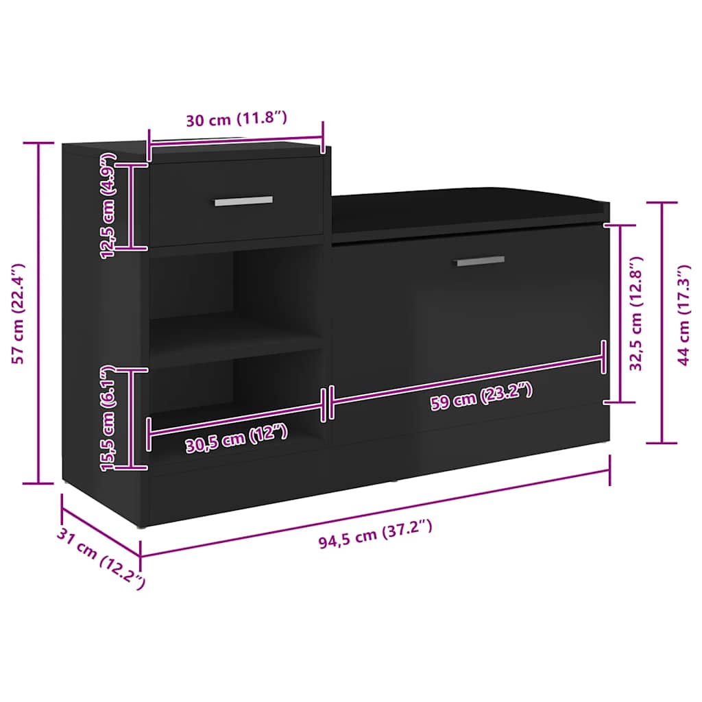Panca Porta Scarpe Nero Lucido 94,5x31x57cm Legno Multistrato | homemem39