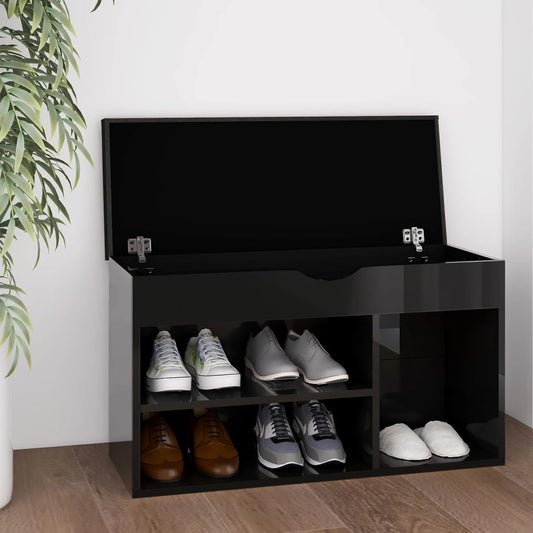 Panca Porta Scarpe Cuscino Nero Lucido 80x30x47cm Multistrato - homemem39