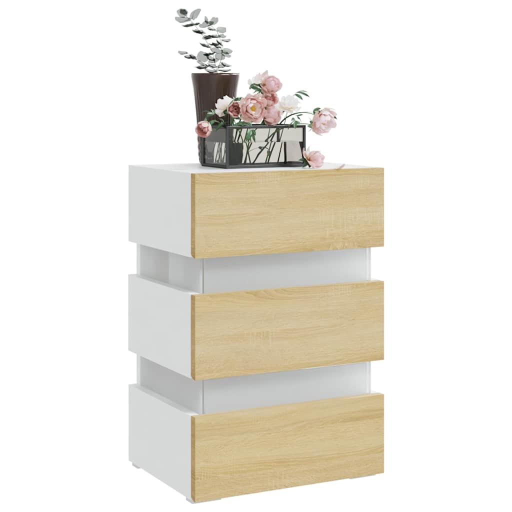 Comodino con Luci LED Bianco e Sonoma 45x35x67cm in Multistrato | homemem39