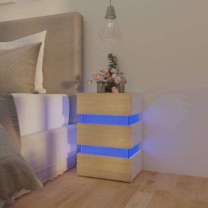 Comodino con Luci LED Bianco e Sonoma 45x35x67cm in Multistrato | homemem39