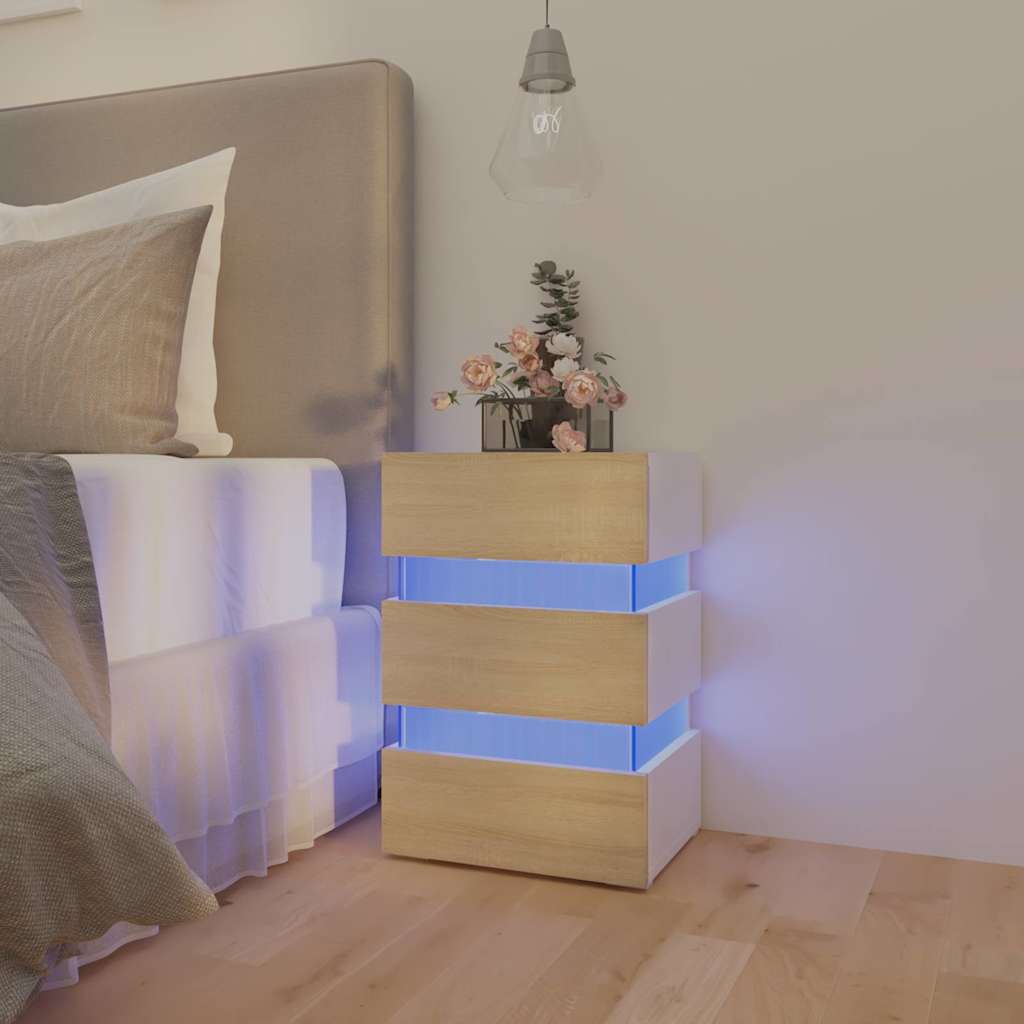 Comodino con Luci LED Bianco e Sonoma 45x35x67cm in Multistrato - homemem39