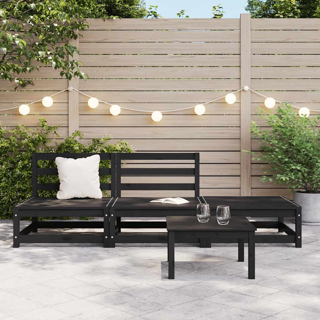 Set Divani da Giardino 3 pz Nero in Legno Massello di Pino