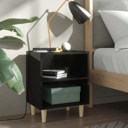 Comodino con Gambe in Legno Massello Nero Lucido 40x30x50 cm - homemem39