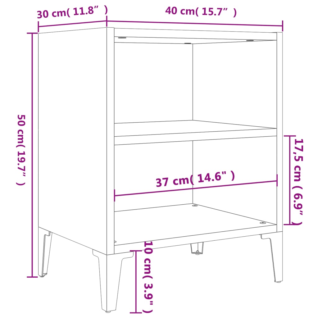 Comodini con Gambe in Metallo 2pz Bianchi 40x30x50 cm