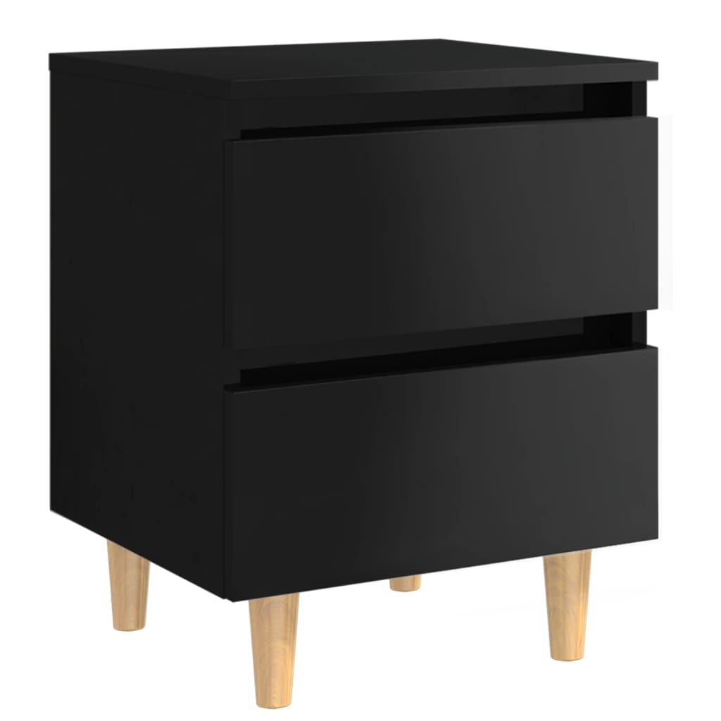 Comodino con Gambe in Pino Massello Nero Lucido 40x35x50 cm