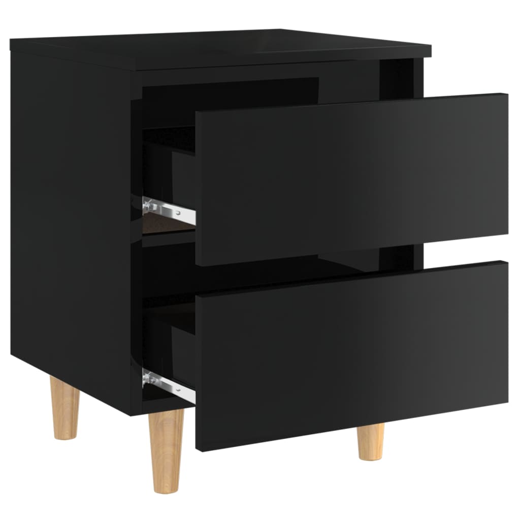 Comodino con Gambe in Pino Massello Nero Lucido 40x35x50 cm