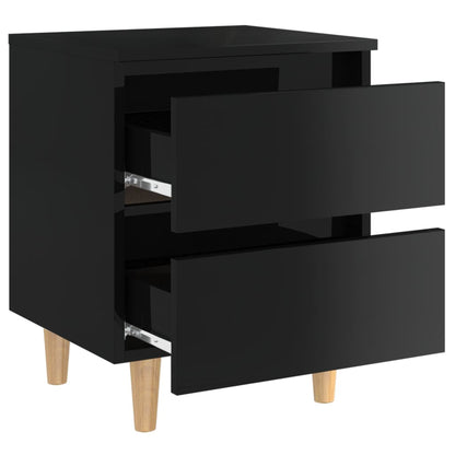 Comodino con Gambe in Pino Massello Nero Lucido 40x35x50 cm